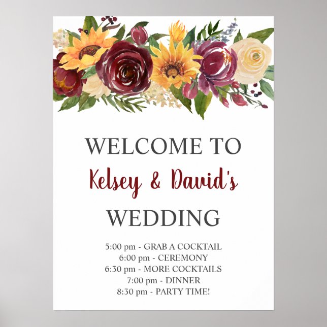 Burgundy Floral Yellow Sunflowers Wedding Welcome Poster (Front)
