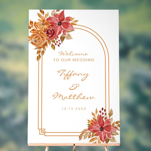Burgundy Florals Arch Fall Wedding Welcome Acrylic Sign (Neutral)