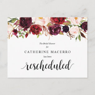 Burgundy Florals, Black, Bridal Shower Postponed Postcard