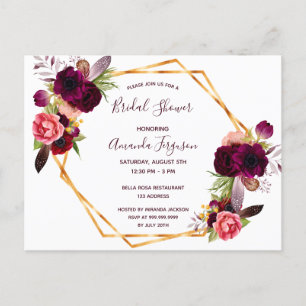 Burgundy florals bohemian Bridal Shower invitation Postcard
