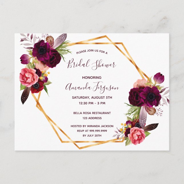Burgundy florals bohemian Bridal Shower invitation Postcard (Front)