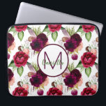 Burgundy florals Boho name monogram Laptop Sleeve<br><div class="desc">A chic white background with a burgrundy and pink floral,  flower pattern.  Romantic boho,  bohemian style with feathers and roses.  A white and burgundy frame,  template for your monogram letter and first name.  Burgundy and green letters.  The name is written with a modern and trendy hand lettered style script.</div>