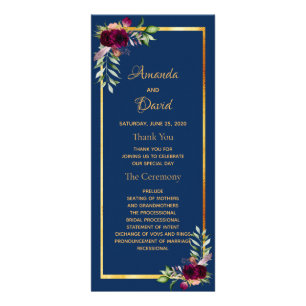 Burgundy florals boho navy blue wedding program rack card