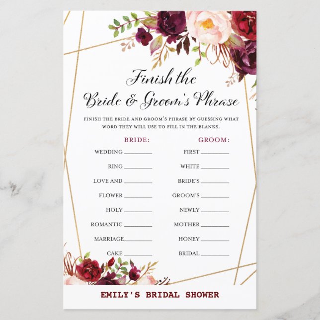 Burgundy Florals Bridal Shower Game PRINTED (Front)