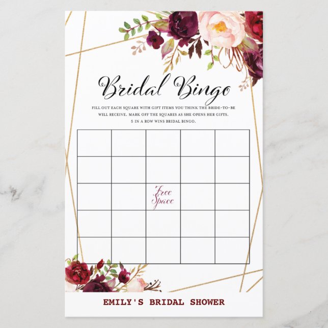 Burgundy Florals Bridal Shower Game PRINTED (Front)