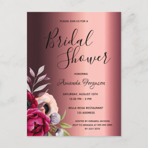 Burgundy florals bridal shower invitation postcard