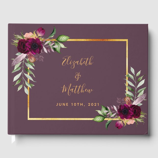 Burgundy florals cassis purple wedding guest book (Front)