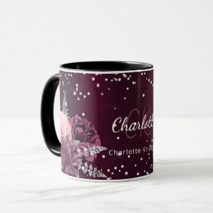 Burgundy florals elegant monogram name mug