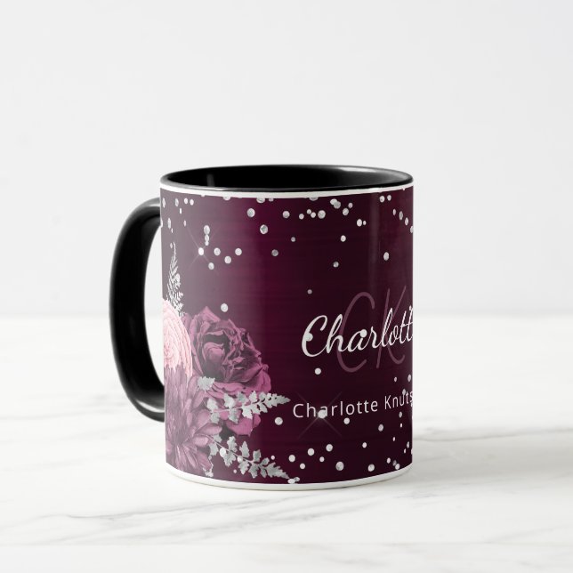 Burgundy florals elegant monogram name mug (Front Left)