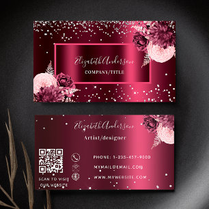 Burgundy florals elegant QR code  Business Card