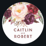 Burgundy Florals Elegant Wedding Classic Round Sticker<br><div class="desc">Marsala flowers seal</div>