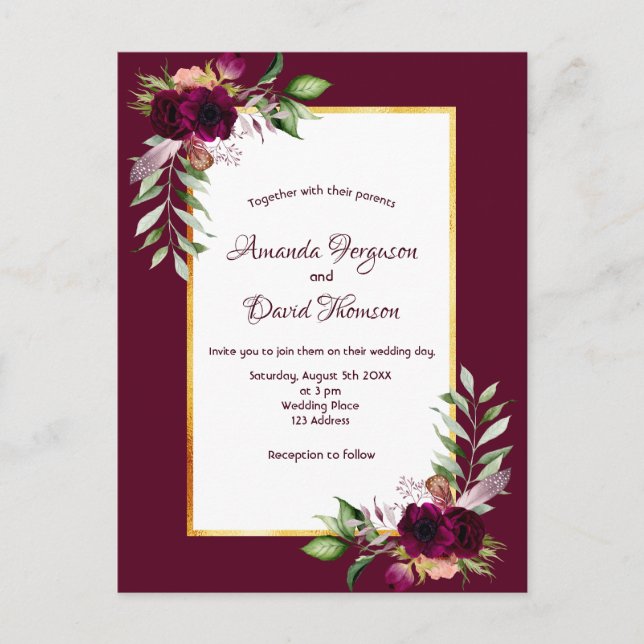 Burgundy florals gold boho wedding invitation postcard (Front)