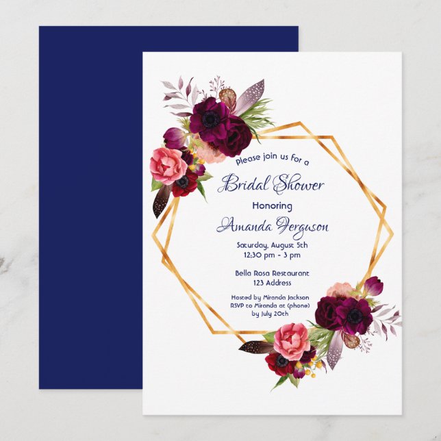 Burgundy florals gold geometric boho bridal shower invitation (Front/Back)