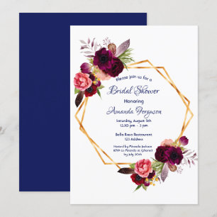 Burgundy florals gold geometric boho bridal shower invitation