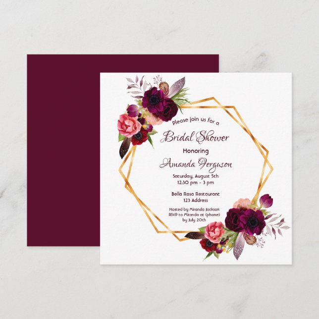 Burgundy florals gold geometric boho bridal shower invitation (Front/Back)