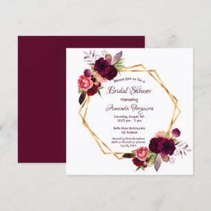 Burgundy florals gold geometric boho bridal shower invitation