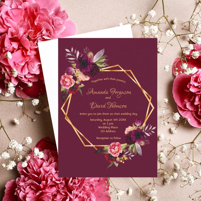 Burgundy florals gold geometric boho wedding invitation (Creator Uploaded)