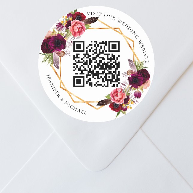 Burgundy florals gold geometric QR code wedding Classic Round Sticker (Creator Uploaded)