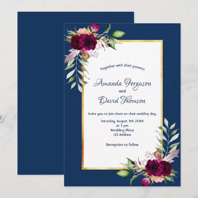 Burgundy florals gold greenery boho blue wedding invitation (Front/Back)