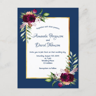 Burgundy florals gold greenery boho blue wedding postcard
