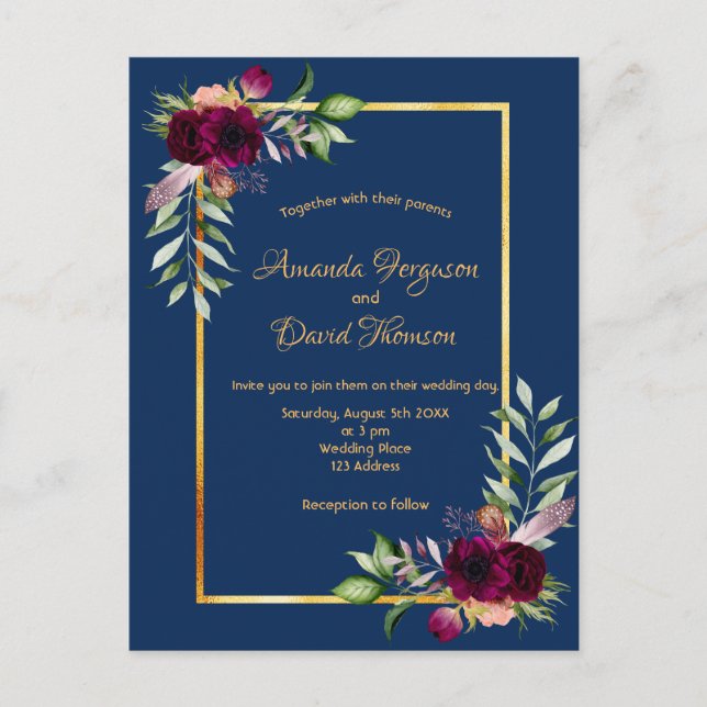 Burgundy florals gold greenery boho blue wedding postcard (Front)