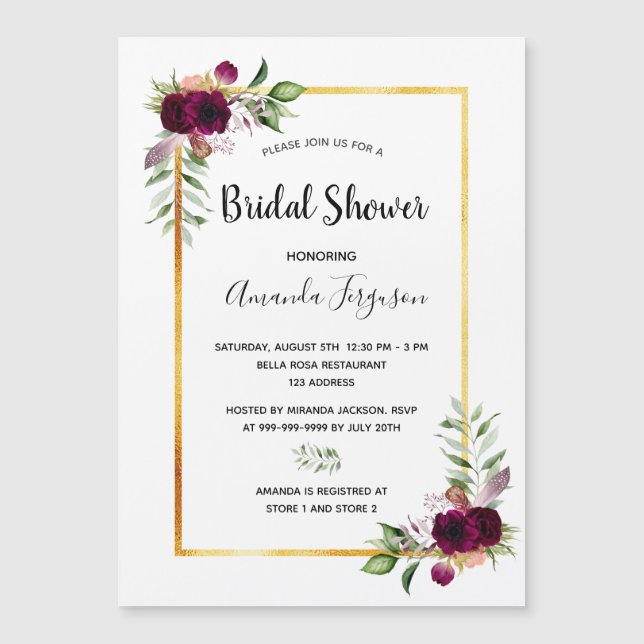 Burgundy florals gold greenery boho bridal shower (Front)