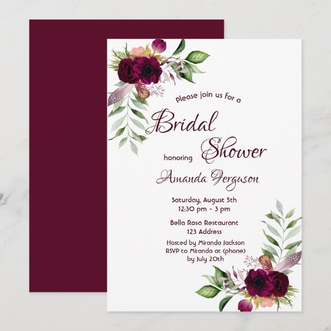 Burgundy florals gold greenery boho bridal shower invitation (Front/Back)