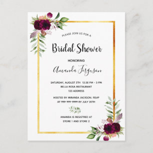 Burgundy florals gold greenery boho bridal shower postcard