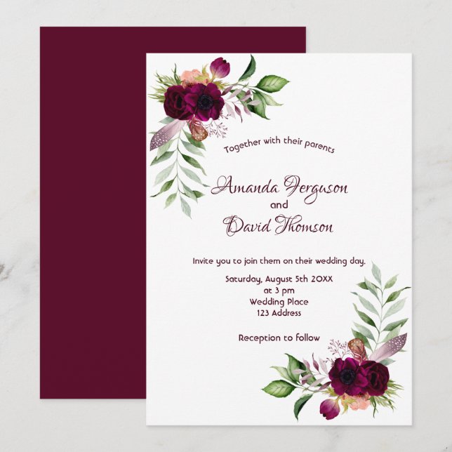 Burgundy florals gold greenery boho wedding invitation (Front/Back)