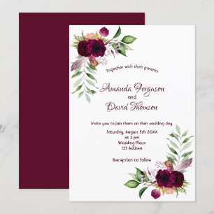 Burgundy florals gold greenery boho wedding invitation