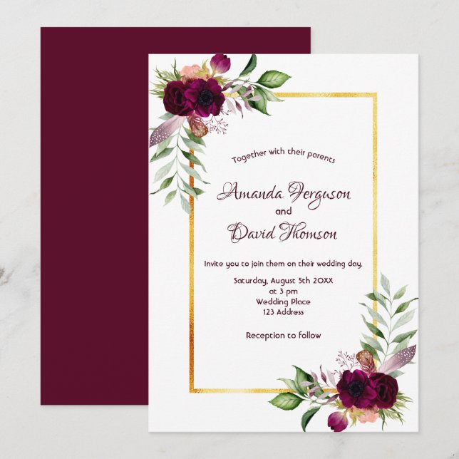 Burgundy florals gold greenery boho wedding invitation (Front/Back)