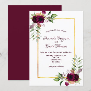 Burgundy florals gold greenery boho wedding invitation