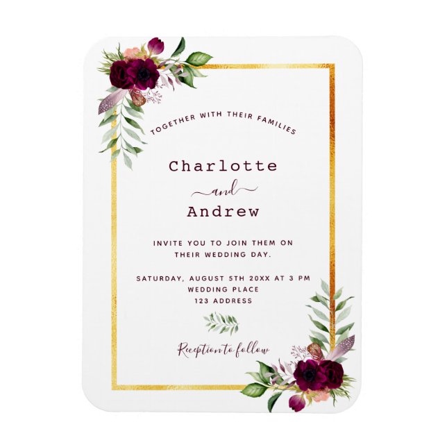 Burgundy florals gold greenery boho wedding magnet (Vertical)