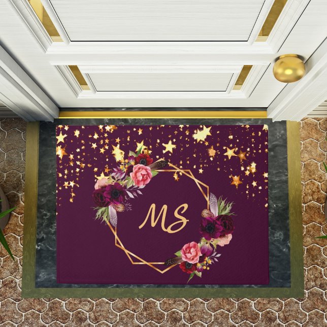 Burgundy florals gold stars monogram doormat (Creator Uploaded)