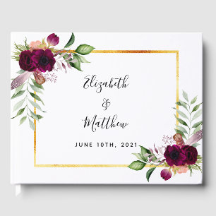 Burgundy florals greenery sage green wedding guest book
