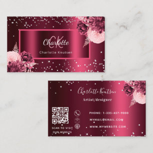 Burgundy florals monogram elegant QR code Business Card