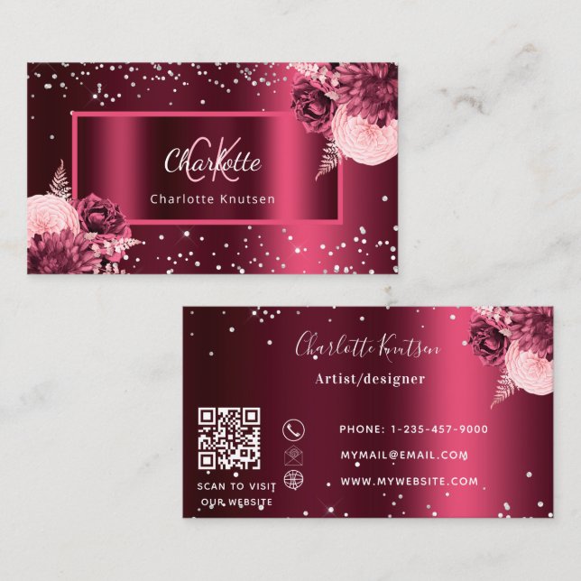 Burgundy florals monogram elegant QR code Business Card (Front/Back)