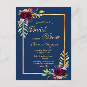 Burgundy florals navy blue gold boho bridal shower postcard