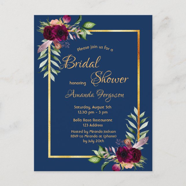 Burgundy florals navy blue gold boho bridal shower postcard (Front)