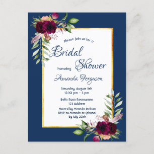 Burgundy florals navy blue gold boho bridal shower postcard