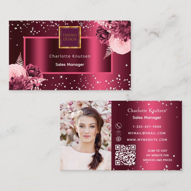 Burgundy florals photo logo QR code Business Card (Front/Back)