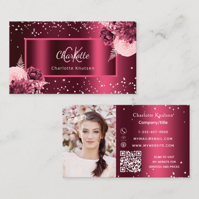 Burgundy florals photo monogram QR code Business Card (Front/Back)