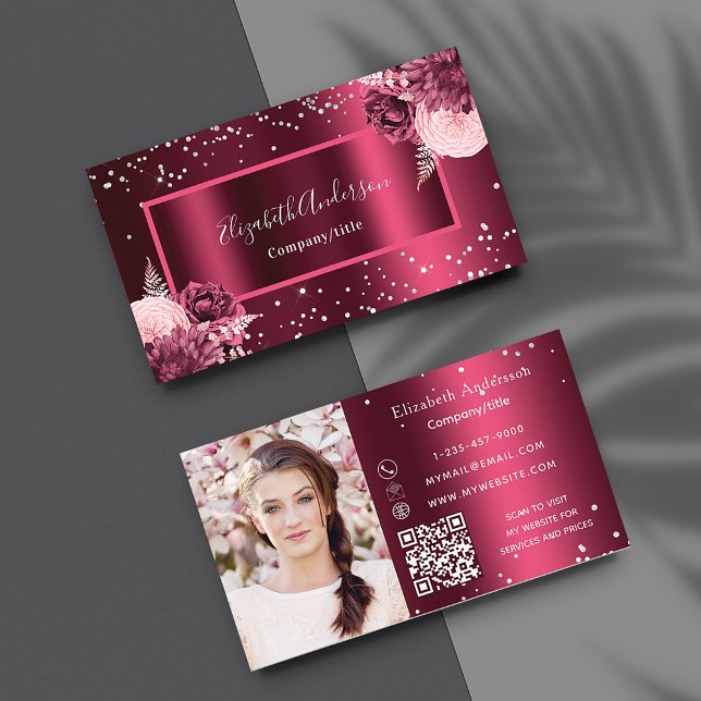 Burgundy florals photo QR code Business Card (Creator Uploaded)