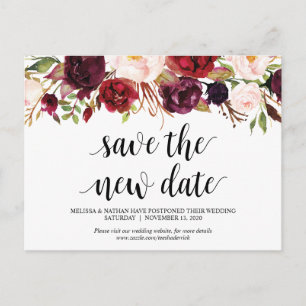 Burgundy Florals, Save the new date, Wed Postponed Postcard