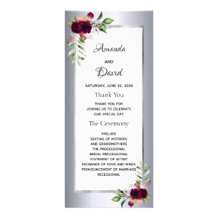 Burgundy florals silver wedding program rack card