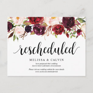 Burgundy Florals, Wedding new plan Postponed Postcard