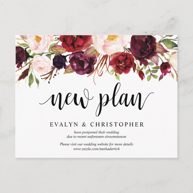Burgundy Florals, Wedding new plan Postponed Postcard (Front)