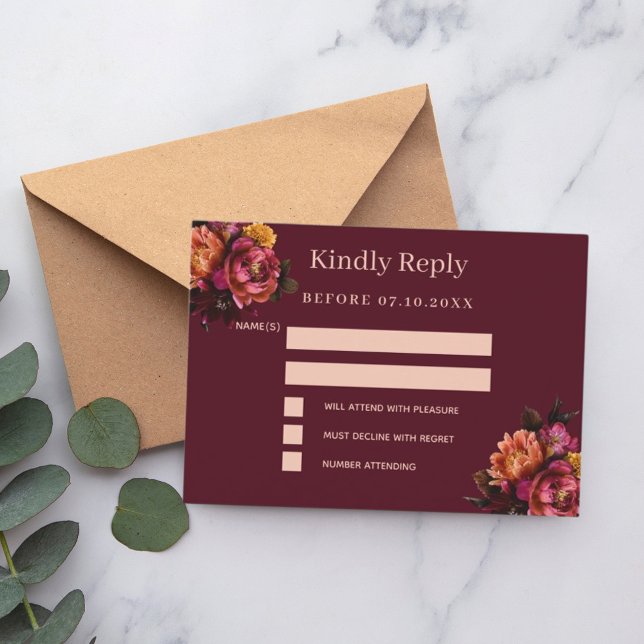 Burgundy florals wedding response RSVP Card (Creator Uploaded)