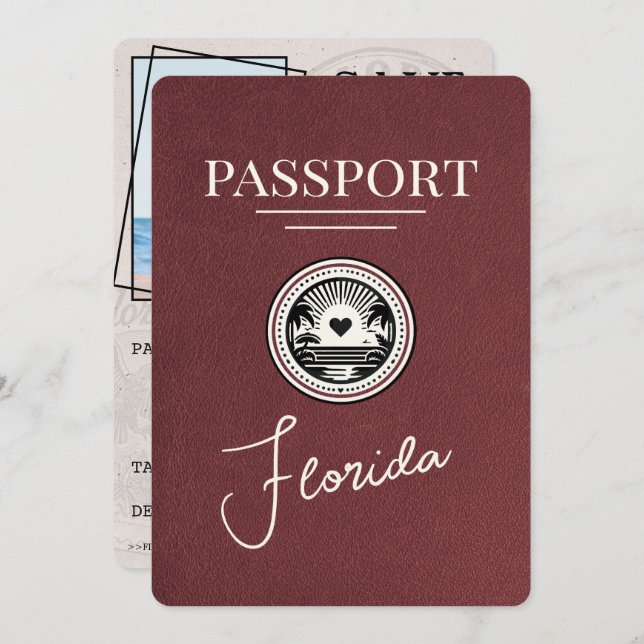 Burgundy Florida Passport Save The Date (Front/Back)