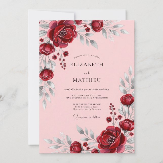 Burgundy Flourishing Romantic Wedding Invitation (Front)